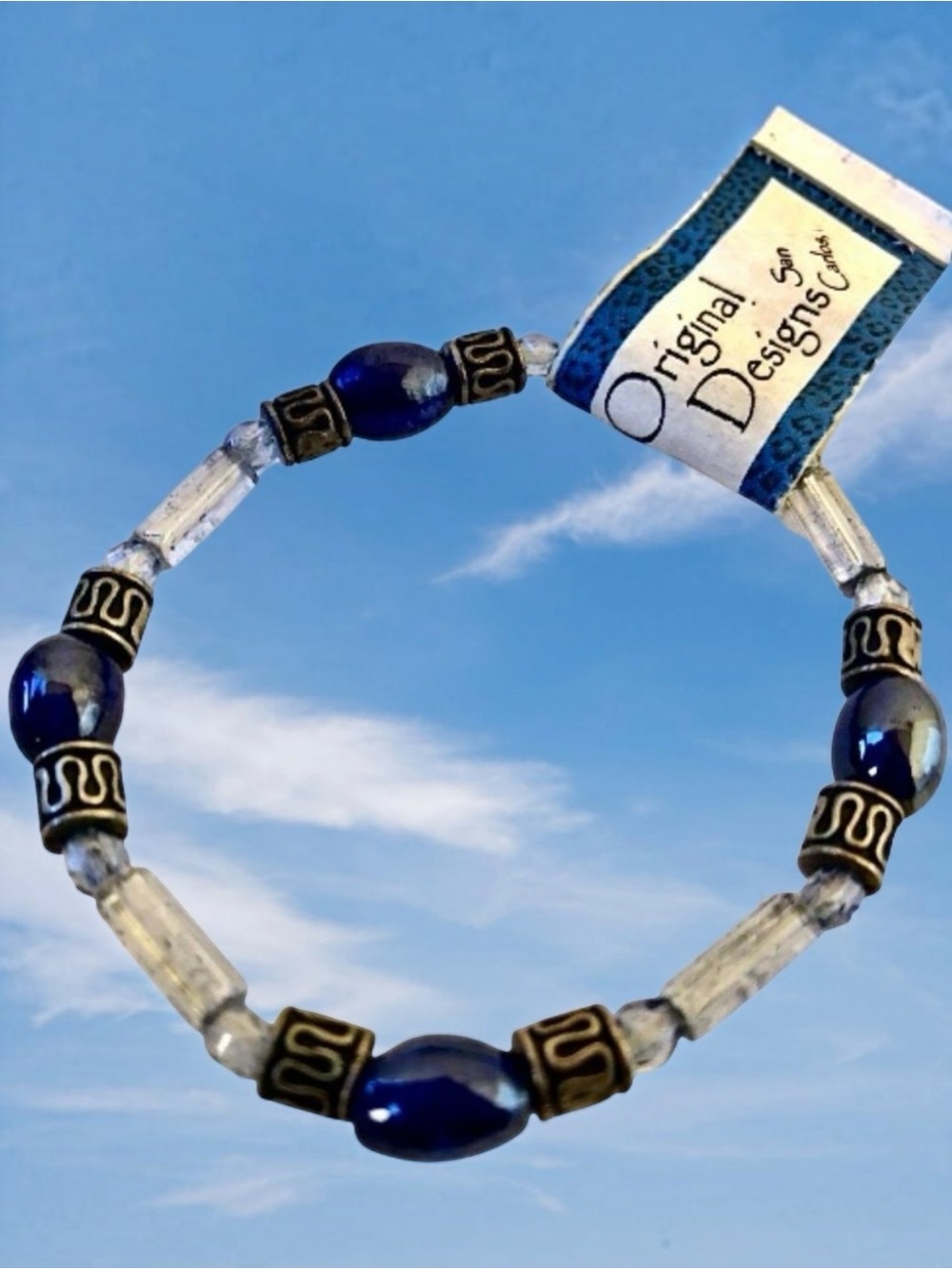 Original Designs Stretch Bracelet Blue & Clear Beads Handcrafted NEW
